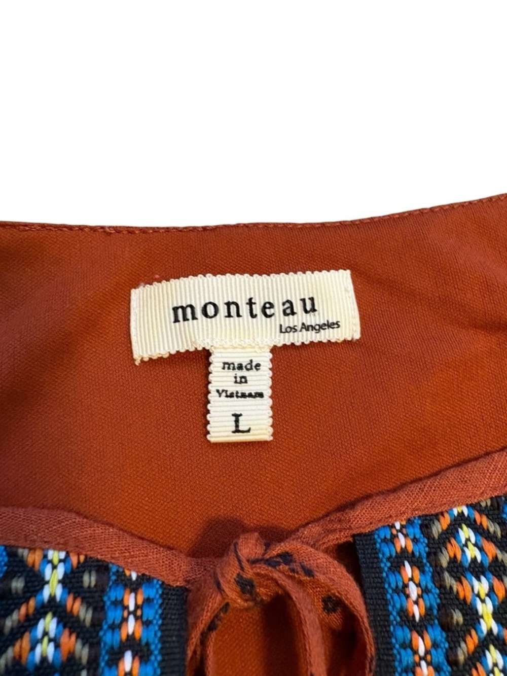 Monteau Bohemian Keyhole Halter Midi Dress Embroidered Trim Rust Size L - Picture 2 of 5